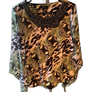 Alfani Beaded Necklace Shirt Women. Small. Green Black White. Flared Long Sleeve